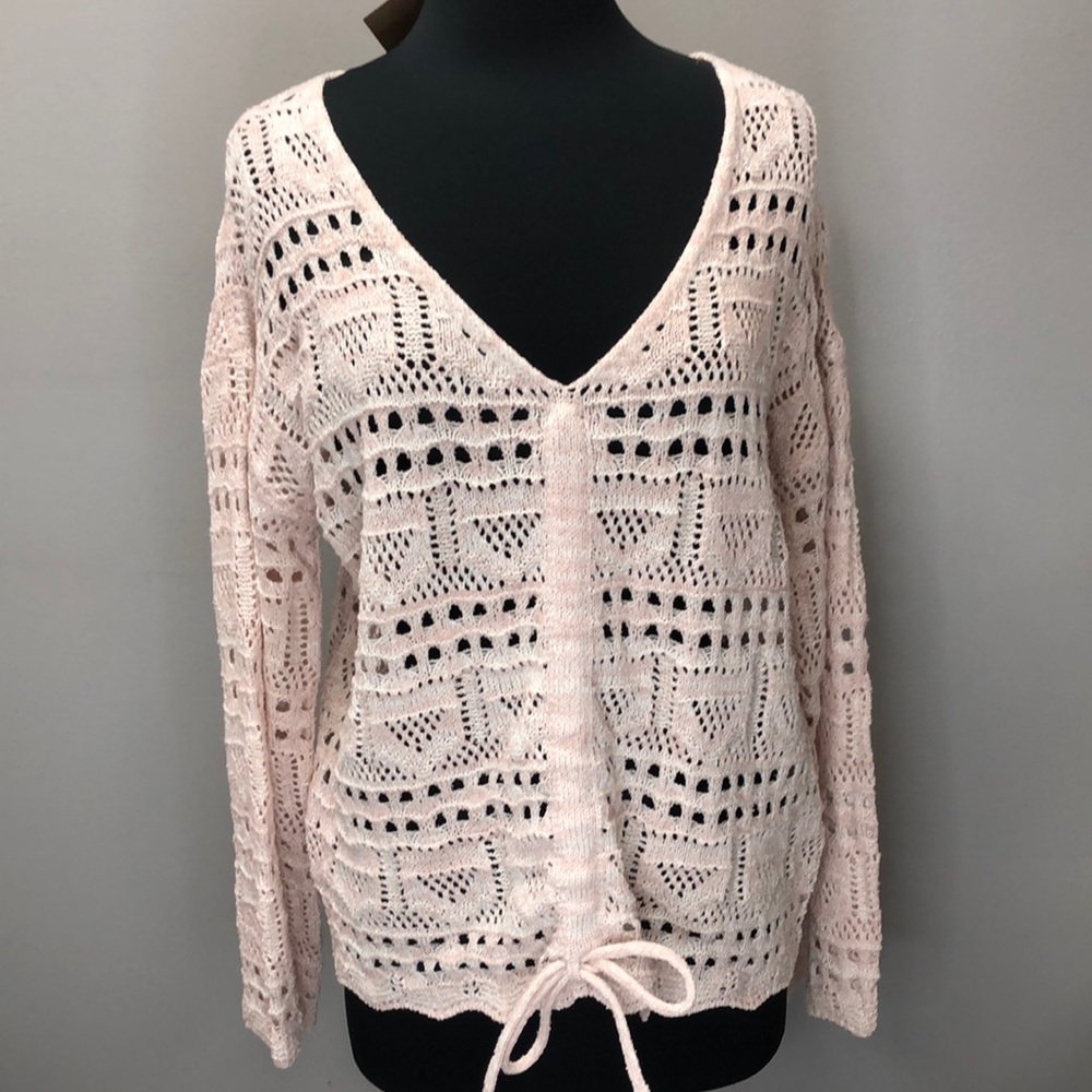 Listicle Blush Ruched V-neck Knit Sweater with Front Tie